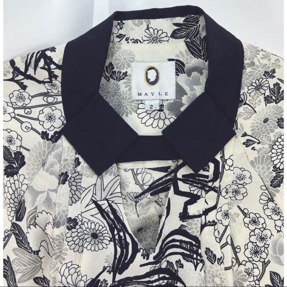 Mayle Sz 2 Black Floral Toile 100% Silk Pleated Ruffle Peplum Keyhole xs Blouse - Picture 7 of 10